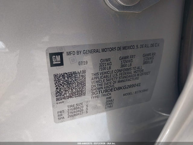 Aukcja sprzedaży 2019 Gmc Sierra 1500 Slt, vin: 3GTU9DED8KG289041, numer aukcji: 44602570