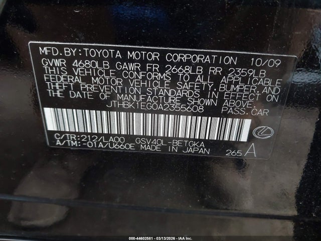 Продажа на аукционе авто 2010 Lexus Es 350, vin: JTHBK1EG0A2355608, номер лота: 44602581