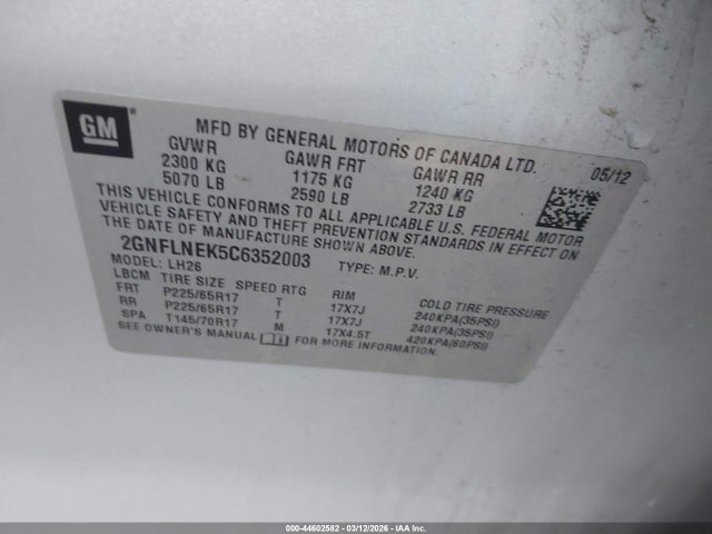 Aukcja sprzedaży 2012 Chevrolet Equinox 2lt, vin: 2GNFLNEK5C6352003, numer aukcji: 44602582