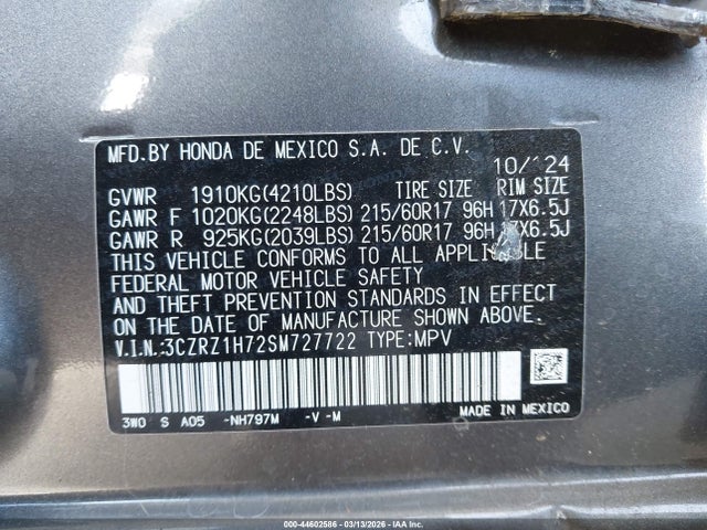 3CZRZ1H72SM727722 Honda Hr-v 2wd Ex-l