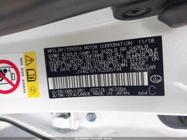 Продажа на аукционе авто 2019 Lexus Es 350 Luxury, vin: JTHBZ1B17K2005194, номер лота: 44602590