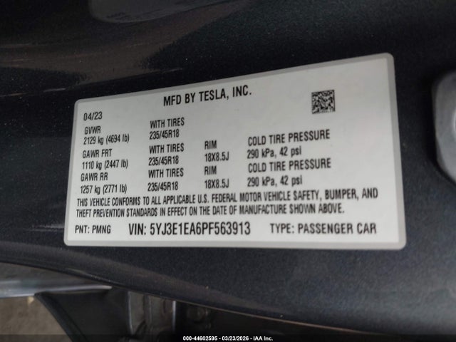 Aukcja sprzedaży 2023 Tesla Model 3 Rear-wheel Drive, vin: 5YJ3E1EA6PF563913, numer aukcji: 44602595