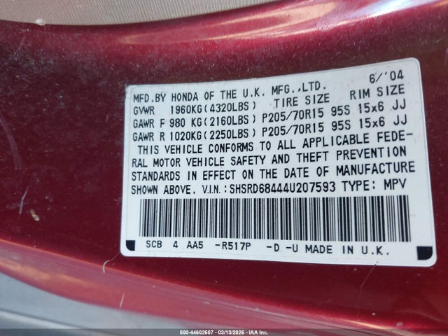 2004 HONDA CR-V SHSRD68444U207593 Photo 8