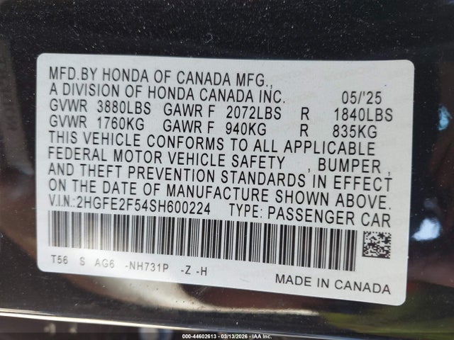 2HGFE2F54SH600224 Honda Civic Sport