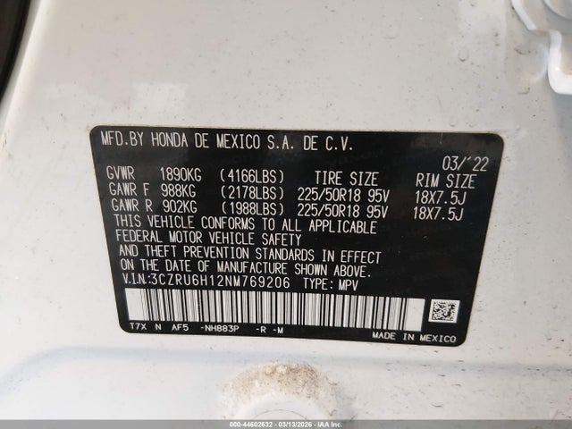 3CZRU6H12NM769206 Honda Hr-v Awd Sport