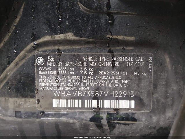 2007 BMW 335I WBAVB73587VH22913 Photo 8