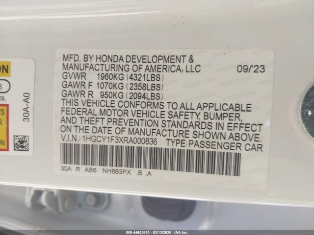 1HGCY1F3XRA000836 Honda ACCORD EX