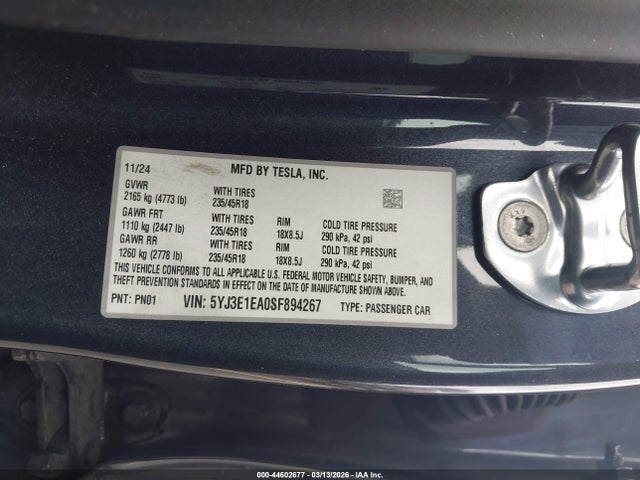 Продажа на аукционе авто 2025 Tesla Model 3, vin: 5YJ3E1EA0SF894267, номер лота: 44602677