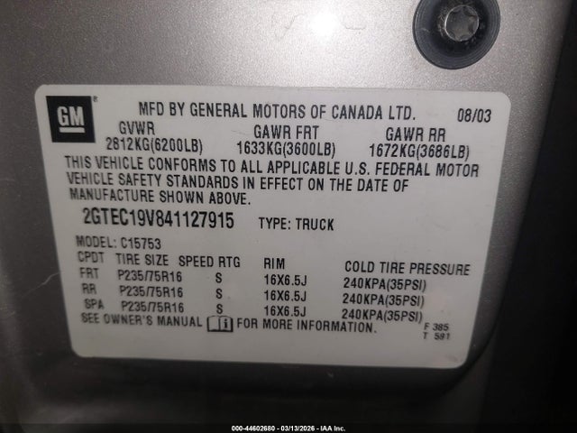 44602680 :رقم المزاد ، 2GTEC19V841127915 vin ، 2004 Gmc Sierra 1500 مزاد بيع