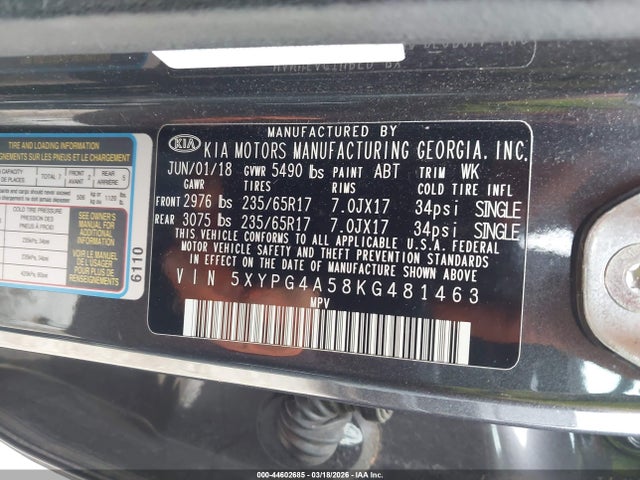 44602685 :رقم المزاد ، 5XYPG4A58KG481463 vin ، 2019 Kia Sorento 3.3l Lx مزاد بيع