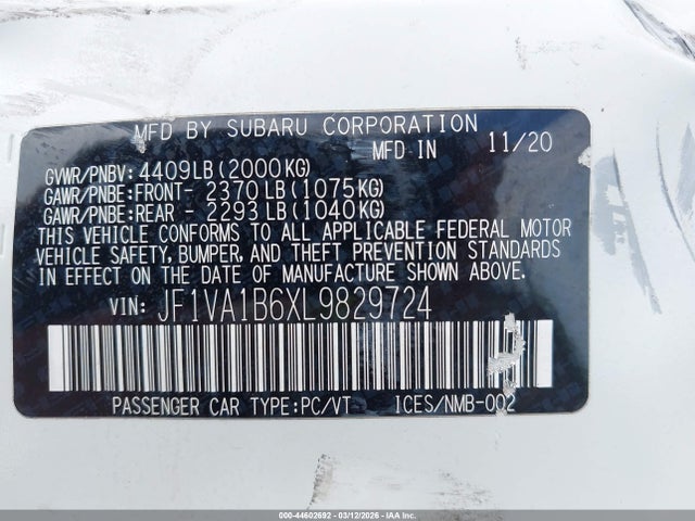 Auction sale of the 2020 Subaru Wrx Premium, vin: JF1VA1B6XL9829724, lot number: 44602692