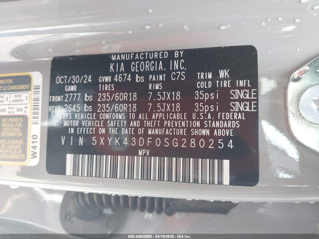 2025 Kia Sportage Sx მანქანა იყიდება აუქციონზე, vin: 5XYK43DF0SG280254, აუქციონის ნომერი: 44602695