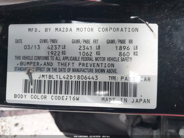 44602699 :رقم المزاد ، JM1BL1L42D1806443 vin ، 2013 Mazda Mazdaspeed3 Touring مزاد بيع