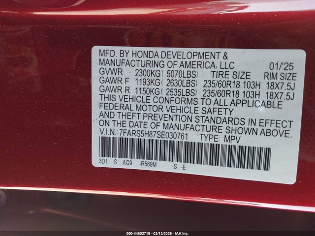 44602719 :رقم المزاد ، 7FARS5H87SE030761 vin ، 2025 Honda Cr-v Hybrid Sport-l مزاد بيع