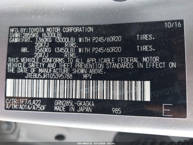 JTEBU5JR1G5395788 Toyota 4runner Limited/sr5/sr5 Premium/trail/trail Premium/trd Pro