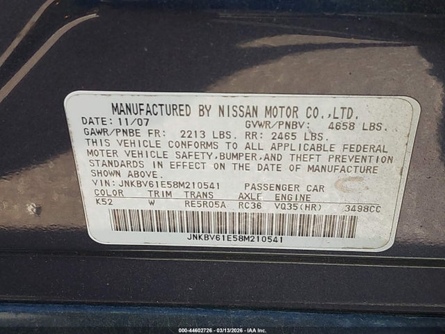 Продажа на аукционе авто 2008 Infiniti G35 Journey, vin: JNKBV61E58M210541, номер лота: 44602726