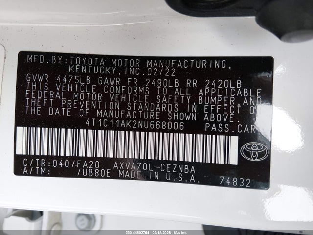 Aukcja sprzedaży 2022 Toyota Camry Le, vin: 4T1C11AK2NU668006, numer aukcji: 44602764
