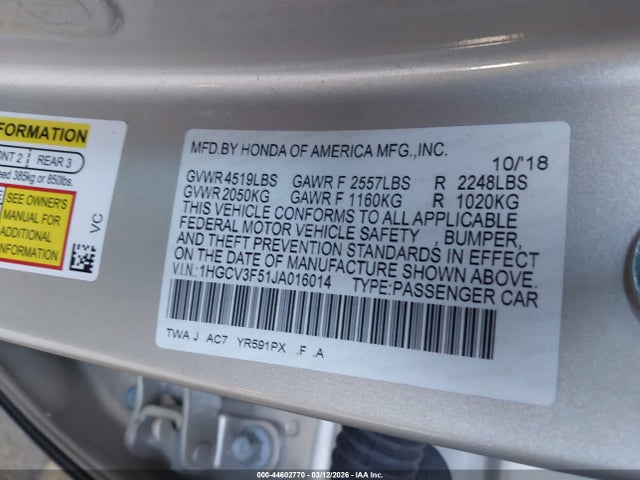 1HGCV3F51JA016014 Honda Accord Hybrid Ex-l