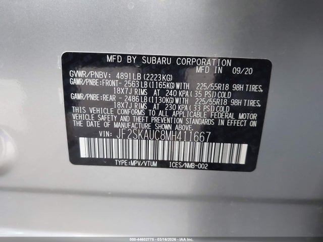 Продаж на аукціоні авто 2021 Subaru Forester Limited, vin: JF2SKAUC8MH411667, номер лоту: 44602775