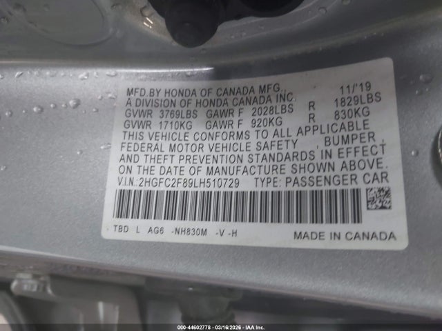 2020 Honda Civic Sport მანქანა იყიდება აუქციონზე, vin: 2HGFC2F89LH510729, აუქციონის ნომერი: 44602778