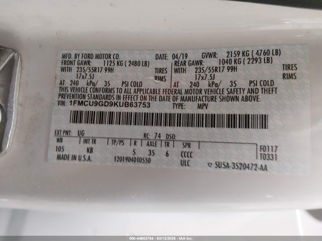 1FMCU9GD9KUB63753 Ford ESCAPE SE