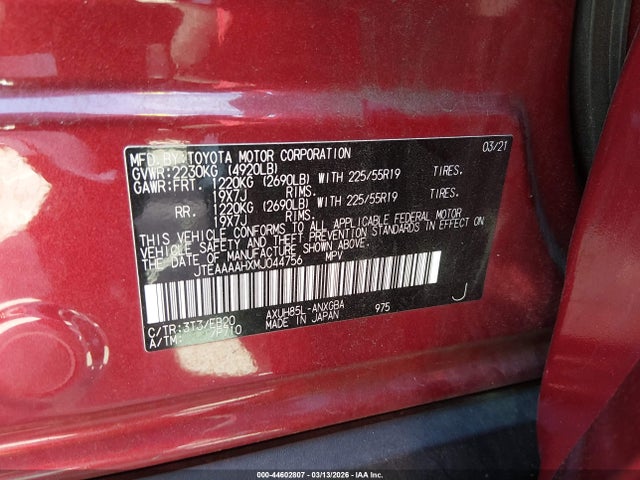 Aukcja sprzedaży 2021 Toyota Venza Xle, vin: JTEAAAAHXMJ044756, numer aukcji: 44602807