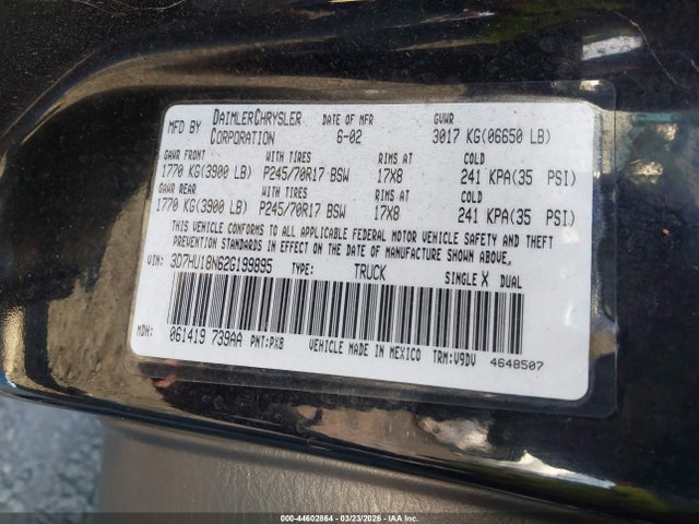 44602864 :رقم المزاد ، 3D7HU18N62G199895 vin ، 2002 Dodge Ram 1500 St مزاد بيع