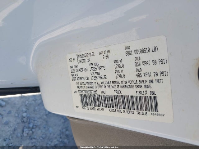 44602867 :رقم المزاد ، 3D7KR19D86G221009 vin ، 2006 Dodge Ram 1500 Laramie مزاد بيع