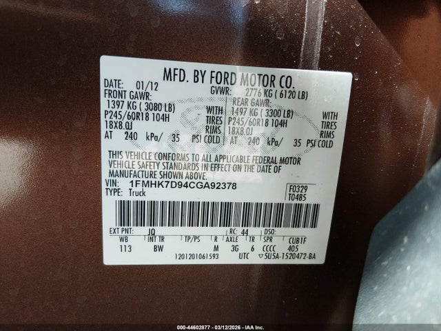 2012 FORD EXPLORER 1FMHK7D94CGA92378 Photo 8