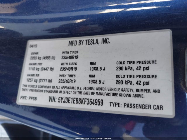 Aukcja sprzedaży 2019 Tesla Model 3 Long Range/performance, vin: 5YJ3E1EB8KF364959, numer aukcji: 44602879