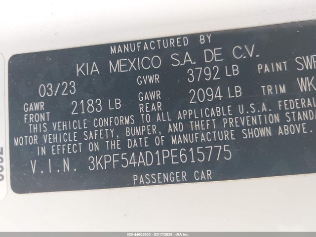 3KPF54AD1PE615775 KIA Forte Gt-line