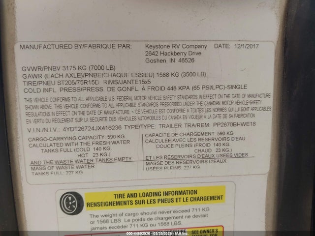 4YDT26724JX416236 Keystone Rv