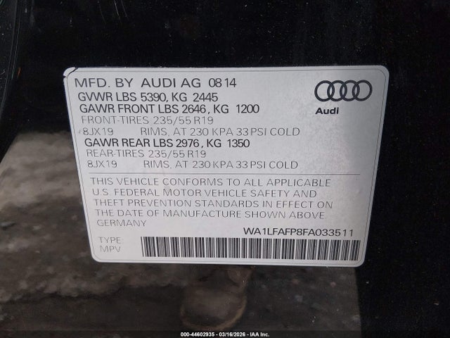 Продаж на аукціоні авто 2015 Audi Q5 2.0t Premium, vin: WA1LFAFP8FA033511, номер лоту: 44602935