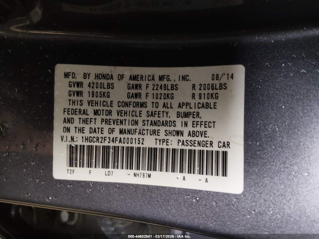 Honda ACCORD LX 2015 1HGCR2F34FA000152 Image 9