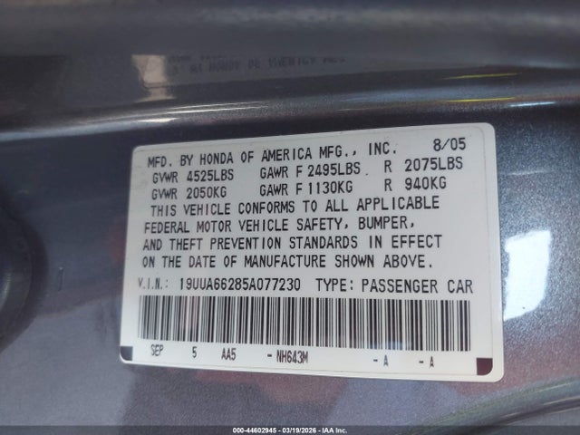 44602945 :رقم المزاد ، 19UUA66285A077230 vin ، 2005 Acura Tl مزاد بيع