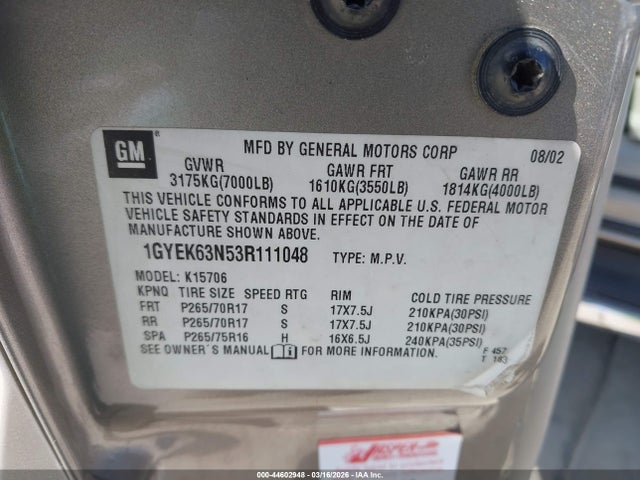 2003 CADILLAC ESCALADE 1GYEK63N53R111048 Photo 8