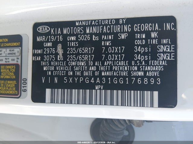 5XYPG4A31GG176893 KIA Sorento 2.4l Lx