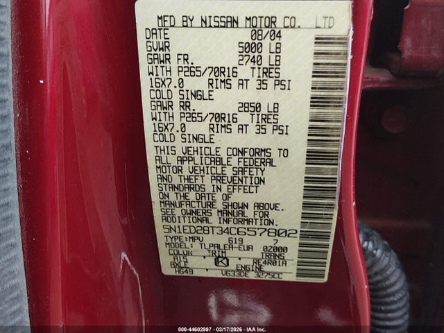 2004 NISSAN XTERRA 5N1ED28T34C657802 Photo 8