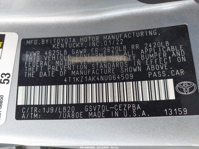 2022 TOYOTA CAMRY 4T1KZ1AK4NU064509 Photo 8