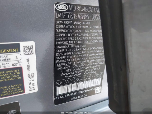 SALWR2SU4LA877822 Land Rover Range Rover Sport Hse Mhev