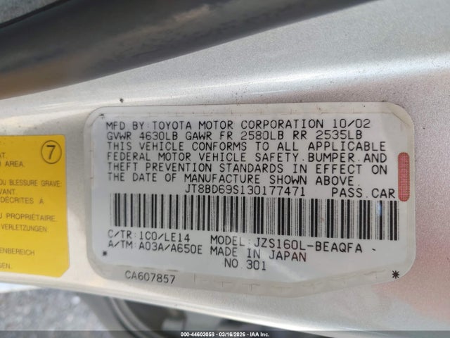 Продаж на аукціоні авто 2003 Lexus Gs 300, vin: JT8BD69S130177471, номер лоту: 44603058