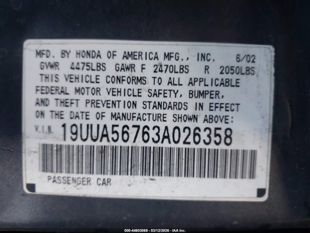 Aukcja sprzedaży 2003 Acura Tl 3.2, vin: 19UUA56763A026358, numer aukcji: 44603069