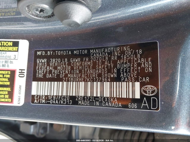 2019 TOYOTA COROLLA 2T1BURHE7KC137964 Photo 8