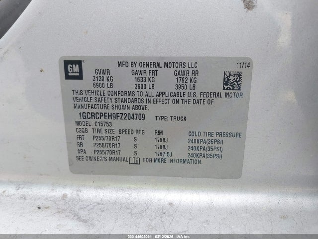 Продаж на аукціоні авто 2015 Chevrolet Silverado 1500 Wt, vin: 1GCRCPEH9FZ204709, номер лоту: 44603091