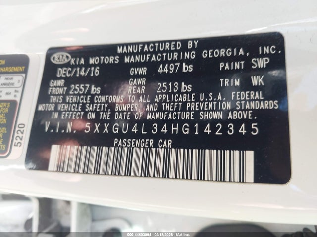 5XXGU4L34HG142345 KIA OPTIMA EX