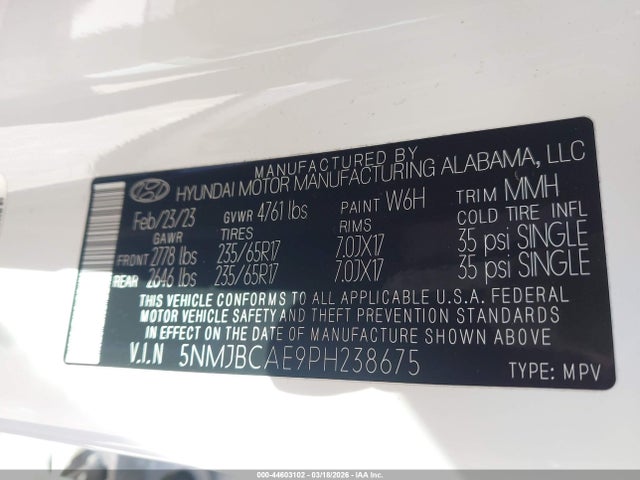 5NMJBCAE9PH238675 Hyundai TUCSON SEL