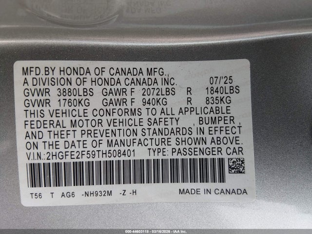 Honda Civic Sport 2026 2HGFE2F59TH508401 Image 9