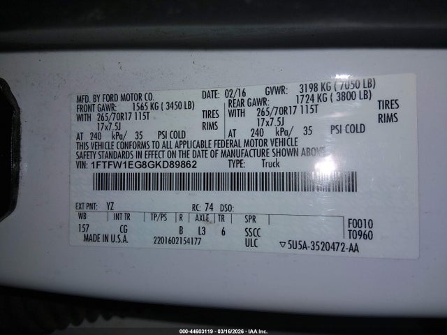 1FTFW1EG8GKD89862 Ford F-150 Xl