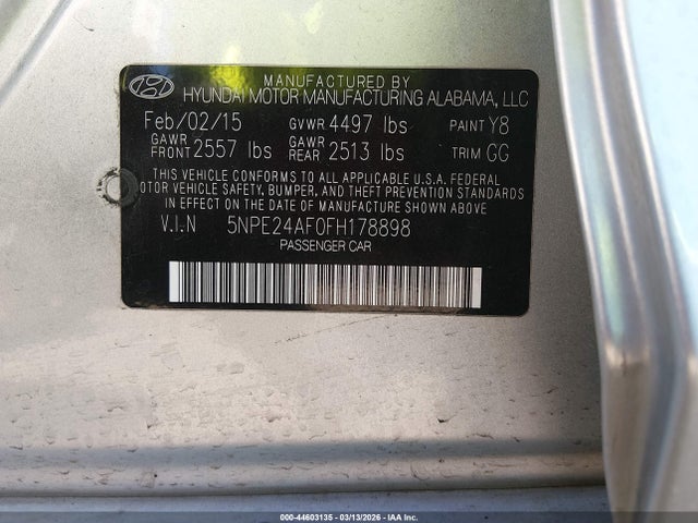 5NPE24AF0FH178898 Hyundai SONATA SE