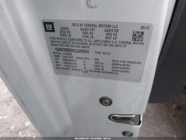 Продаж на аукціоні авто 2012 Gmc Acadia Slt-1, vin: 1GKKVREDXCJ338650, номер лоту: 44603139